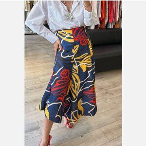 Zara Women Flare Floral Printed Skirt Multicolor Navy, Yellow, Red M NWT